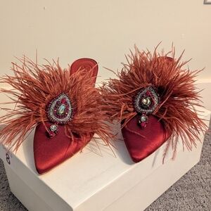 Elegant Red Feathered Women's Shoes